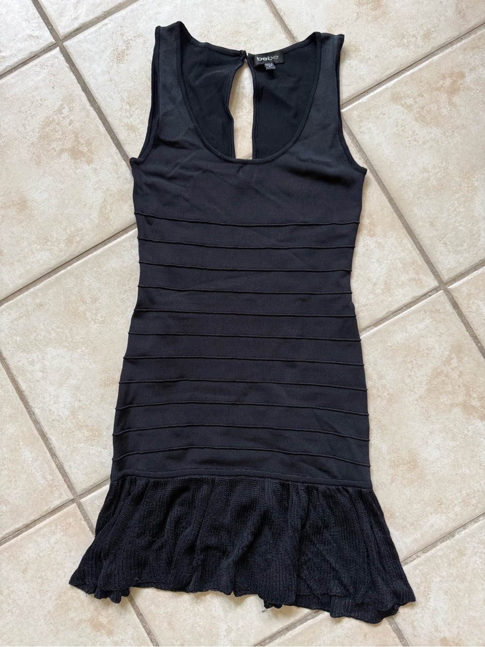 bebe Black Sleeveless Bandage Mini Dress with Ruffle Hem